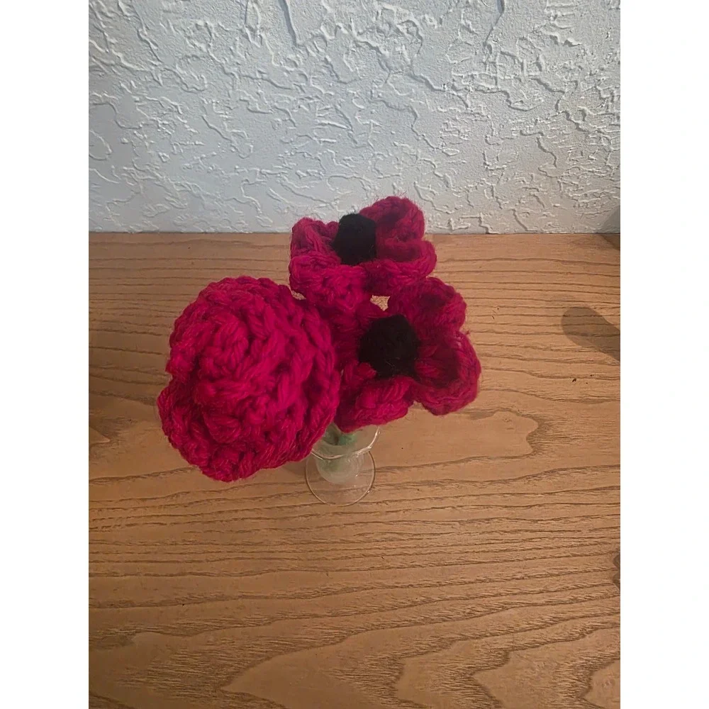 Handmade Crochet Flower Bouquet Red Rose and Poppies 3 Piece Set 9.5 Inch Stems